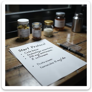 Gym desk with bodybuilding cycle start protocol written on a sheet: 'Ciclo base: testosterone enantato 250 mg/settimana, 8 settimane, protezione: tamoxifene 10 mg/die', next to supplements and a pen, professional atmosphere, hyperrealistic 4K details. sticker