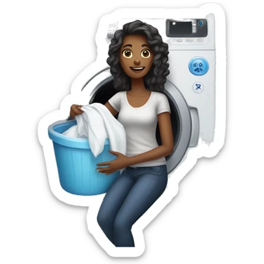 a woman in her 30s doing laundry in front of a washing machine sticker
