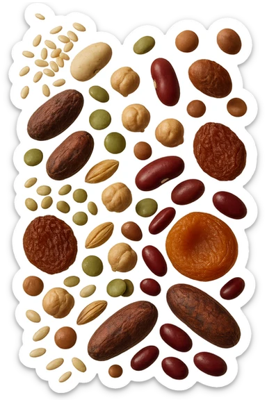 semi, frutta secca, legumi, cereali integrali, cacao amaro fluttuano in aria , iperrealistici 4k sticker