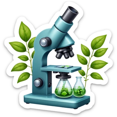 An icon featuring a microscope, a DNA strand, and plant leaves, symbolizing biology. The design includes cells, a test tube with a plant sample, representing life sciences, ecosystems, and the study of organisms. Transparent background highlights the exploration of living systems. sticker
