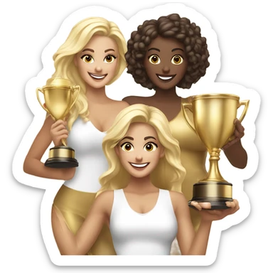 Eight beautiful blonde and Latina models celebrating with 1 huge gold trophy sticker