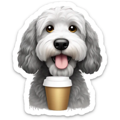 Black, gray , and white goldendoodle dog with coffee cup  sticker
