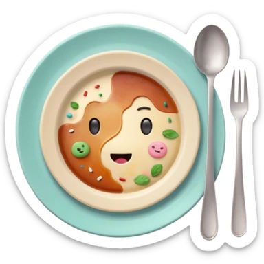 of a dirty plate after eating, leftover food scraps, sauce stains on the plate, small fork and spoon resting on the plate, slightly messy but funny, soft pastel colors, rounded shape, clean background, kawaii style, expressive and playful, high quality, emoji style sticker