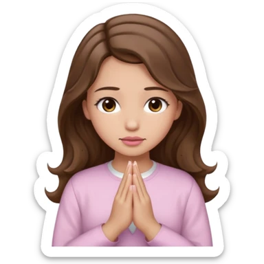 girl with wavy long brown hair, brown eyes, light to medium complexion, long lashes, light pink lipstick, praying, wearing light pink shirt sticker