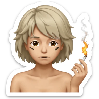 stressed emoji looking down shaking head wearing a disheveled wig with a cigarette in hand sticker