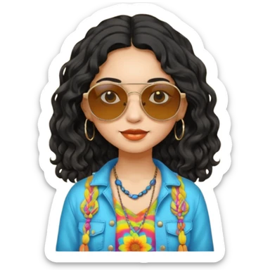 girl in hippies clothes, wearing sunglasses, black wavy hair sticker