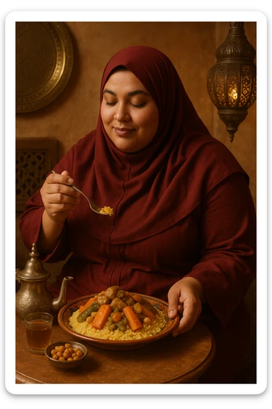 a Moroccan woman with a curvy figure, eating couscous, dressed in a full hijab sticker
