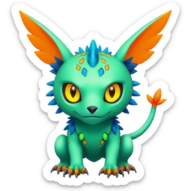Tropical lush warm-colored modern colorful neon-colored cyber-Fakémon-Digimon-Trico-creature sticker
