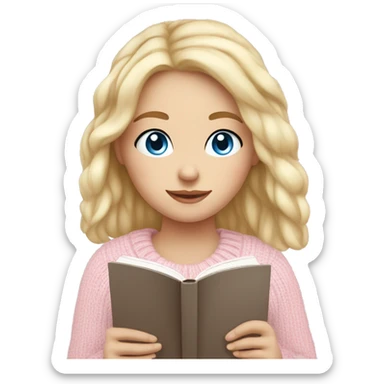 Pretty blue eyed white girl with light pink sweater reading cozy sticker