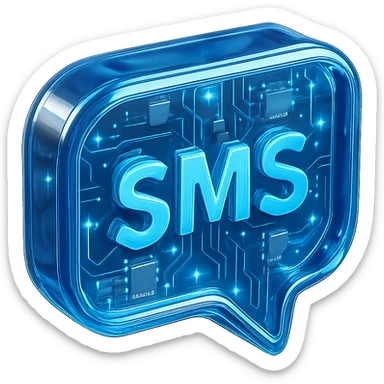 SMS icon, glossy circuit-themed, blue glowing accents, transparent background sticker