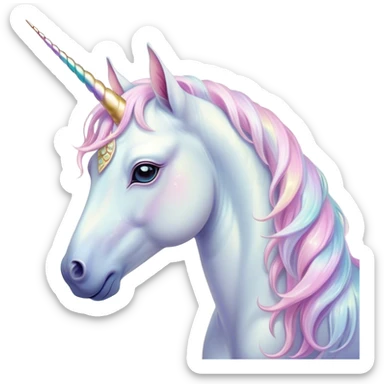 Beautiful and Majestic Unicorn Pony Portrait Emoji, Head and body radiating gentle magic with a soft pastel color, a delicately sparkling horn and eyes gently closed in peaceful wonder, Simplified yet exquisitely endearing features, highly detailed, glowing with a soft, ethereal light, high shine, serene and utterly majestic, stylized with an air of fairy-tale regality, soft glowing outline, capturing the essence of a beautiful and majestic unicorn pony that embodies the enchanting spirit of a dream! sticker
