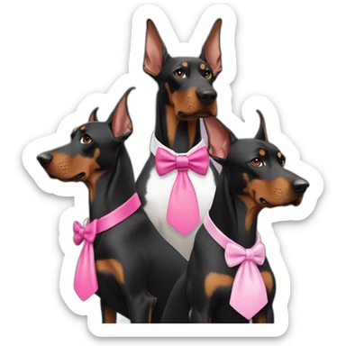3 doberman one white with a pink bow tie on the neck, one black and one brown sticker
