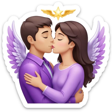 White brunette human man with rays of light Heart kisses a pastel purple angel woman sticker