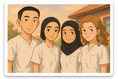Four nursing students standing side by side in a warm atmosphere, styled in Ghibli. They wear white short-sleeve uniforms without collars, no undershirts or stethoscopes. Tops are medical tunics with V-necks and a chest pocket on the left side. Faces and attitudes inspired by the four provided photos, with a different composition. sticker