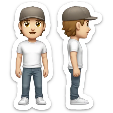 Pale skinned fit Man with dark brown hair in a light gray cap, dark brown jeans, brown polo and white T-shirt keeping a pasted with tape white box into his hands sticker