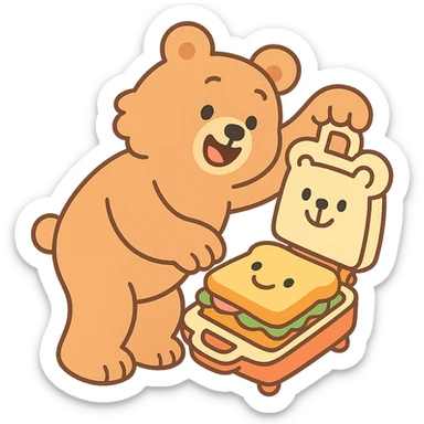 soft fluffy bear sandwich maker opening with a cute sandwich inside, soft pastel creamy brown, full-body sticker