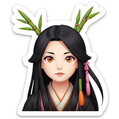 Nezuko with long black hair with orange tips, pink eyes, bamboo muzzle in mouth sticker