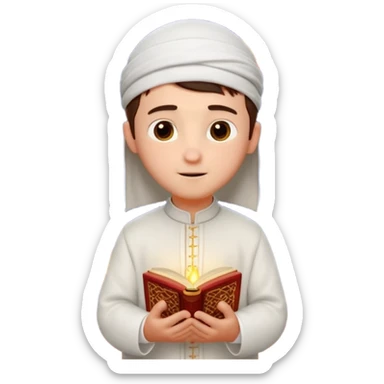 Personnage 3D mignon en style Pixar, un petit garçon portant un qamis blanc et un kufi, tenant un tapis de prière, entouré de lanternes brillantes, fond doux, couleurs chaudes, sticker