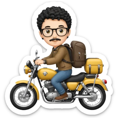 A young boy DEVELOPER WITH A backpack, black curly short hair, wearing glasses, a thin mustache, his skin is white, riding a motorcycle sticker