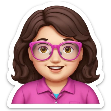chubby English teacher, happy, wearing pink glasses, wavy long dark brown hair, face only, gamer vibe, classroom background, emoji style, for online classes sticker