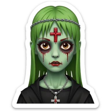Zumbi verde com olhos castanhos aspecto de que tá sangrando, uma franja reta um piercing do lado esquerdo do nariz, roupa preta e crucifixo como colar, e também delineador sticker