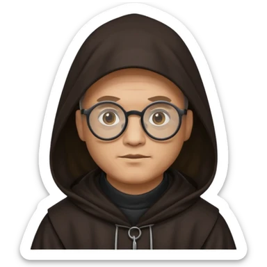 Monk priest prayer black habit with hood round black glasses done light brown wavy hair under hood  sticker