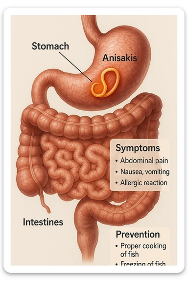a cutaway view of the human digestive tract, showing an Anisakis larva attached to the stomach or intestinal wall. The parasite is highlighted in color, with surrounding tissue rendered in realistic detail. Educational labels describe symptoms and prevention. sticker