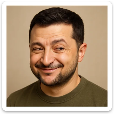 photorealistic emoji style portrait of Vladimir Zelensky with a very sly expression sticker