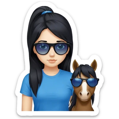 A girl with black long hair with pony, wearing black sunglasses and a blue t-shirt. sticker