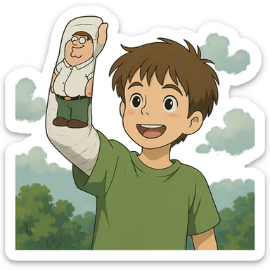 romanian boy with light skin and medium brown hair, holding up his arm in a cast, with a cartoon drawing of Peter Griffin on the cast sticker