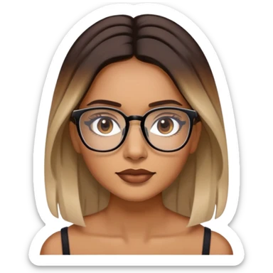 Woman with dark roots  balayaged lengths and squared thin glasses sticker