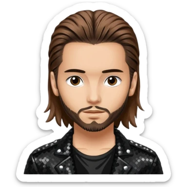 Tom Kaulitz from Tokio Hotel with long brown hair, black sequin outfit  sticker