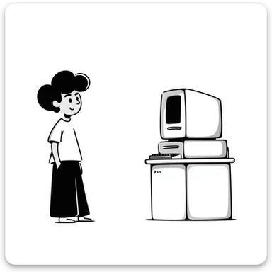A young guy with a confused expression staring at a vintage desktop computer with bulky CRT monitor and old tower sticker