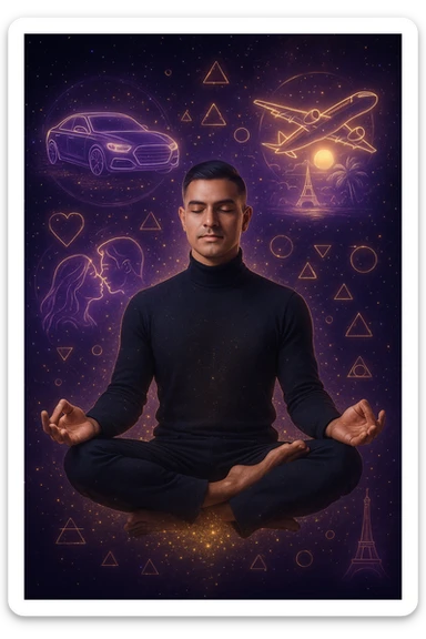 "Un uomo in meditazione fluttuante nello spazio cosmico, circondato da particelle dorate e simboli alchemici. Intorno a lui, oggetti e situazioni dei suoi desideri (auto, viaggi, amore) si materializzano come ologrammi luminosi. Stile cyber-mistico, colori viola e oro." sticker