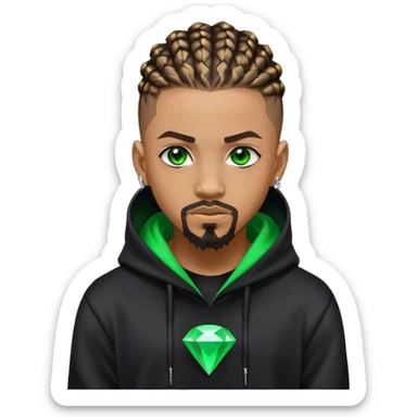 Light skinned African American male with green eyes as a cyberpunk hacker with cornrows hairstyle but short cornrows  with goatee facial hair with small diamond stud with black hoodie  sticker
