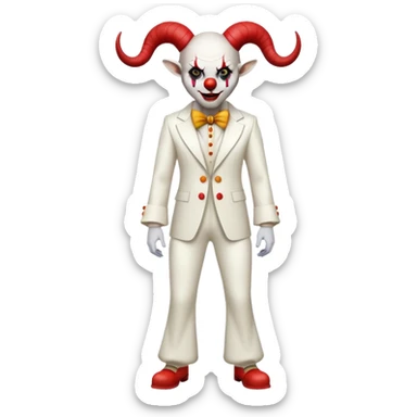 full-body demonic clown in a white leisure suit with bellbottom pants, bald, with black ram horns sticker
