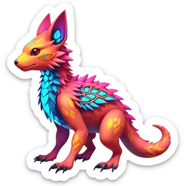 Tropical futuristic lush warm-colored modern colorful neon-colored Fakémon-Digimon-Trico-Vernid-creature sticker