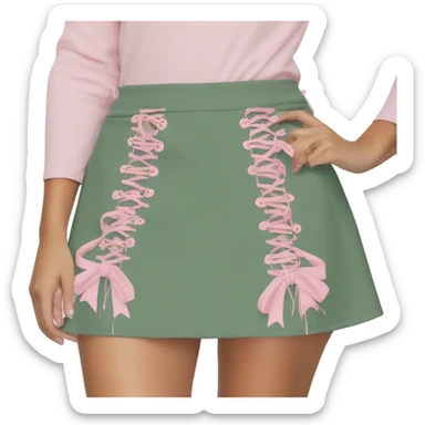 Sage green a-line mini skirt with pink lace up on the sides and bows and embroidery, isolated sticker
