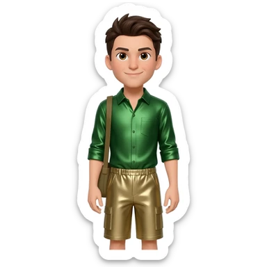 Chris Kratt with brown eyes, dark brown hair, green metallic shirt, khaki metallic baggy shorts sticker