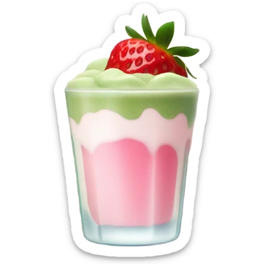 Matcha with ice and milk with strawberry on top and pink boba on the bottom sticker