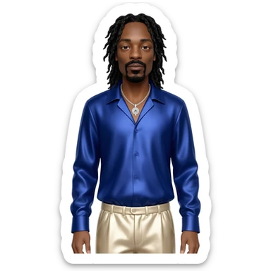 Snoop Dogg with long black hair, indigo metallic shirt, cream metallic baggy pants, silver necklace sticker