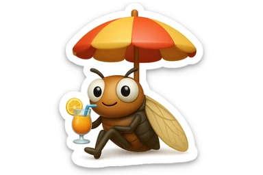 EMOJI STILE IPHONE 3D DI UNA CICALA CHE STA RILASSATA SEDUTA SOTTO L'OMBRELLONE IN SPIAGGIA CON UN COCKTAIL IN MANO, FAGLI GLI OCCHI CON LA PARTE BIANCA, NON SOLO LA PUPILLA sticker