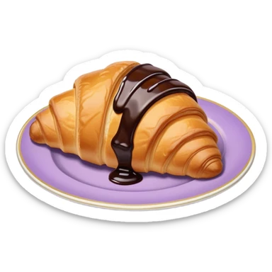 There's a croissant with chocolate syrup in a vintage pale purple plate. sticker