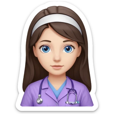 pretty brunette nurse with long hair and blue eyes in lilac scrubs sticker