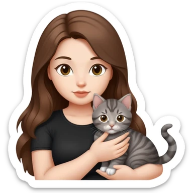 Hot curvy woman, long hair, with super cute kitten, she is white with brown hair, black top, the cat is a grey tabby sticker