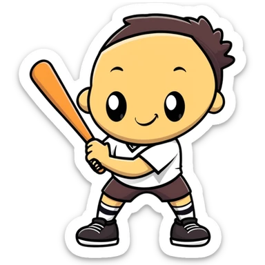 a wooden log with thin stick legs, cute cartoonish face, holding a baseball bat sticker