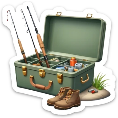Icon for Fishing: a boat on the shore of a peaceful water body with a beautiful natural landscape, a fishing tackle box, a spinning rod, and boots nearby. The icon should capture the tranquility and gear of a fishing adventure. Without frame. Transparent background. sticker