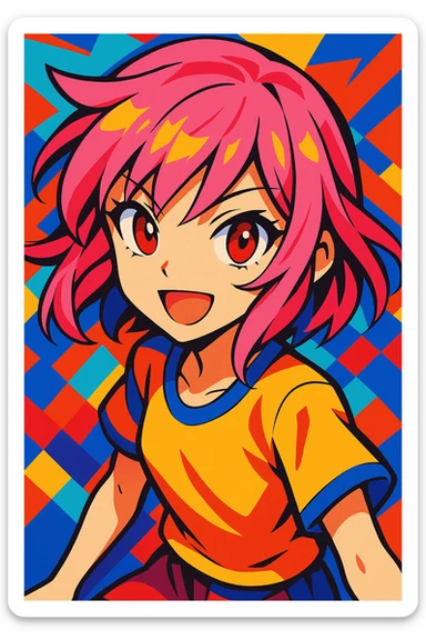 pink haired girl with red eyes, vibrant anime style, dynamic and colorful sticker