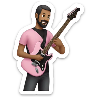 white man with dark beard and black t shirt and pastel pink stratocaster electric guitar sticker