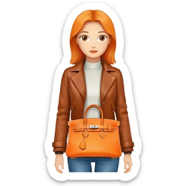 Beautiful woman wearing a leather Hermes jacket and carrying an orange Hermes Birkin Bag. I want the image to be close up.  sticker